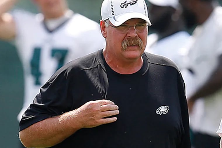 Eagles head coach Andy Reid walks off the field after Wednesday's practice. (David Maialetti/Staff Photographer)