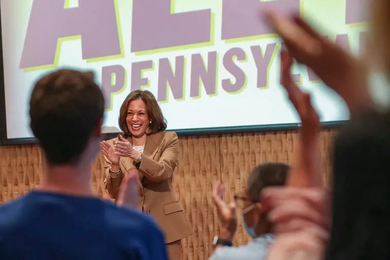 Vice President Kamala Harris claps after suprising members of “All In Pennsylvania,” a Democratic organizing group, with a visit in a campaign stop for Josh Shapiro at the Samuel Staten Jr. Building of the Laborer’s District Council on North Broad Street in Philadelphia on Saturday. At an earlier stop at the Carpenters Union hall in Spring Garden, she pressed state elected officials and members of Congress to help protect abortion rights.