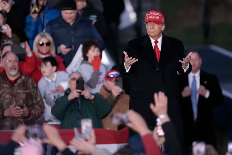 Former President Donald Trump arrives to deliver remarks at a rally behind the Schnecksville Fire Hall in Schnecksville, Pa. on Saturday, April 13, 2024. Trump will speak in Wildwood, N.J., on Saturday.