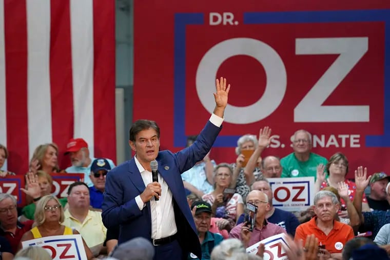 Pennsylvania Republican Senate nominee Mehmet Oz campaigns Monday in Monroeville, Pa.