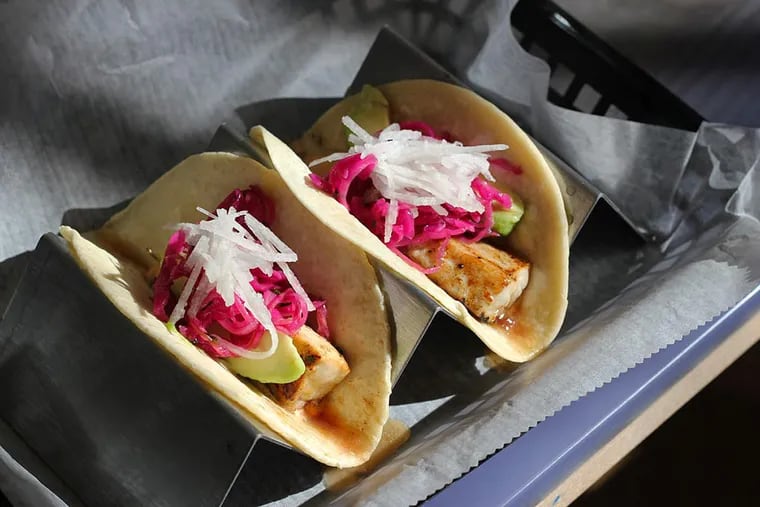 Tequila-and-lime-glazed fish tacos at the original Buena Onda, 1901 Callowhill St.