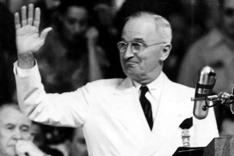 Harry Truman accepts the Democratic nomination for president at the convention in Philadelphia in 1948.