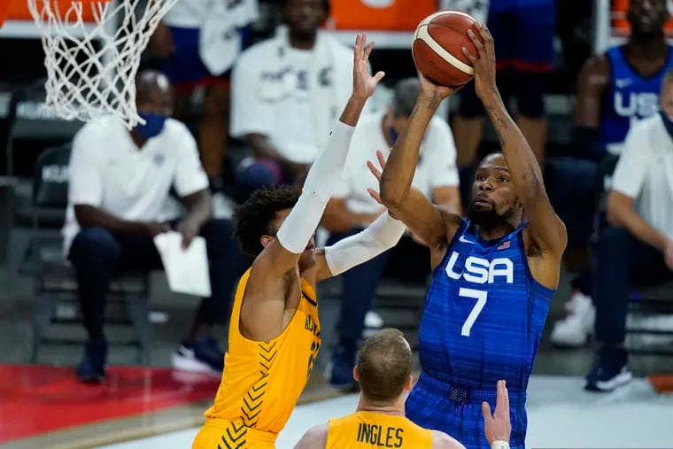 The United States' Kevin Durant shoots over Australia's Matisse Thybulle during an exhibition basketball game Monday in Las Vegas.