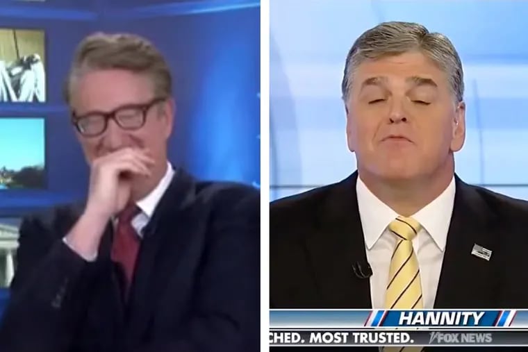 MSNBC host Joe Scarborough (left) has a good laugh as he watches Fox News host Sean Hannity (right) twist himself into a pretzel defending President Trump.