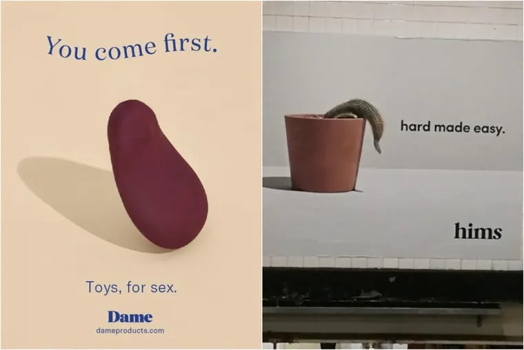 Left: One of the advertisements that Dame Products says was denied by New York's Metropolitan Transit Authority. Right: Ads for Hims, a men's health company, that were apparently approved by the MTA.