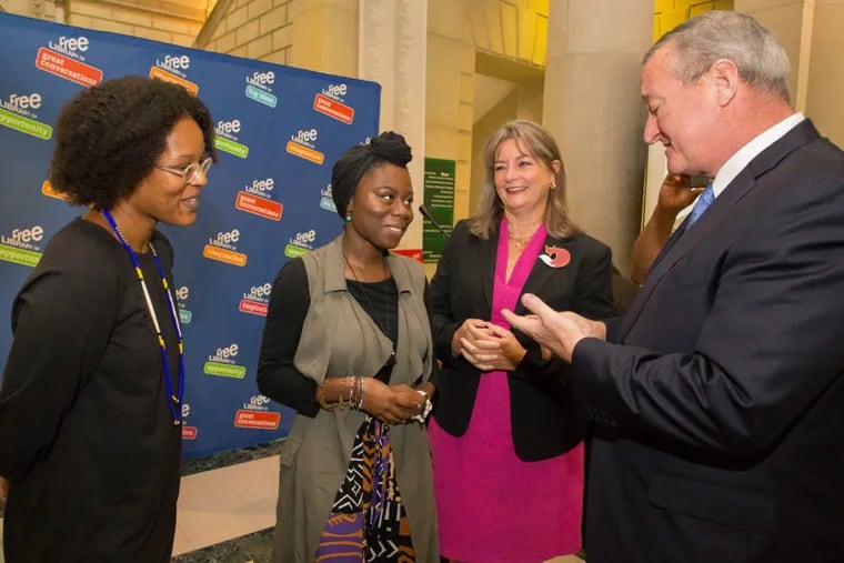 At Thursday’s announcement of the city’s youth poet laureate for 2017-18 (left to right): Yolanda Wisher, current adult poet laureate; Husnaa Hashim, new youth poet laureate; Siobhan Reardon, president and director of the Free Library of Philadelphia; and Mayor Kenney.