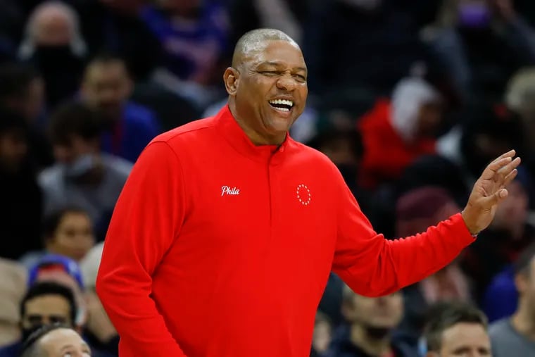 Sixers Head Coach Doc Rivers laughs during Thursday's game against the Utah Jazz.