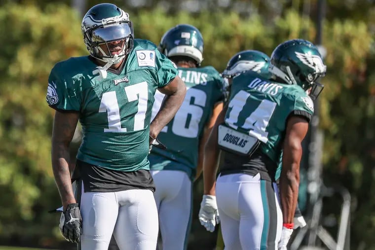 Eagles wide receiver Alshon Jeffery pauses during a drill at practice at the NovaCare Complex in South Philadelphia on Wednesday, Oct. 23, 2019.