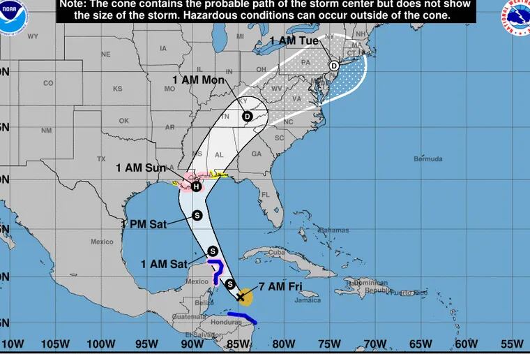 Forecast track of Tropical Storm Nate.