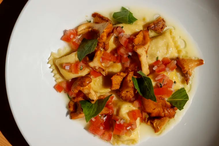 The Corn Agnolotti with chanterelles, tomatoes and red wine vinegar served at Clementine's Stable Cafe.