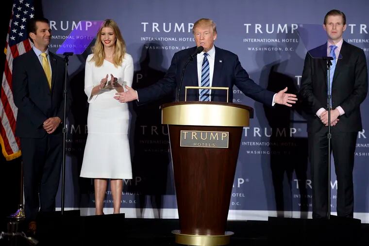 Donald Trump, center, delivers remarks with his children, from left, Donald Trump Jr., Ivanka Trump and Eric Trump in 2016.