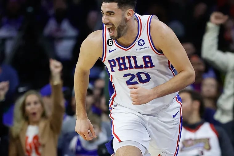 Sixers forward Georges Niang yells after making a three point basket against the Denver Nuggets in January.
