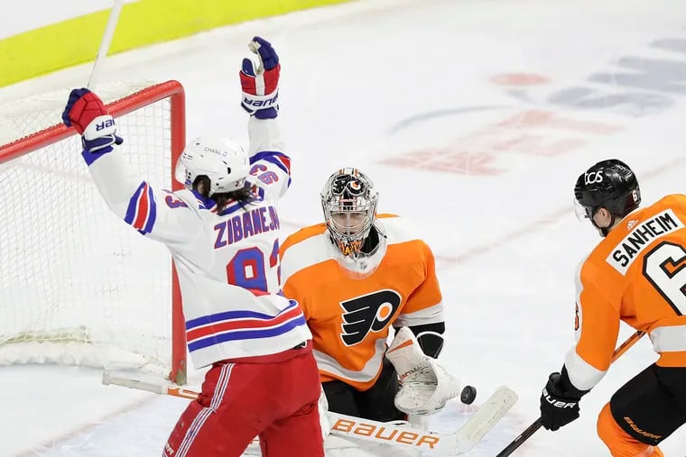 Rangers center Mika Zibanejad celebrates his first-period power-play goal Thursday that got past Carter Hart. After the first 2:42 of the second period, Zibanejad had 11 points in his last four-plus periods against the Flyers.
