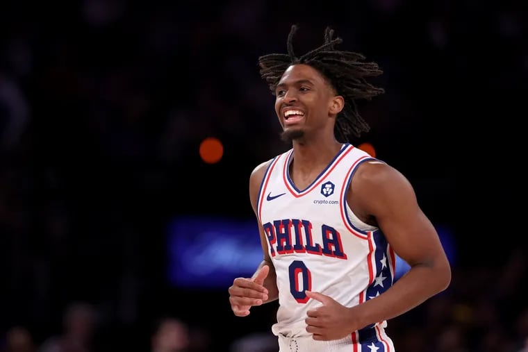 Tyrese Maxey played the role of hero in Game 5 with a 46 point game and will look to have another strong game in hopes of keeping the 76ers season alive Thursday. (Photo by Elsa/Getty Images)