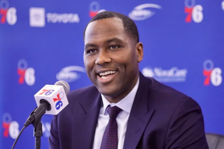 Elton Brand updates on what the Sixers did in the last week at the practice faculty in Camden Friday February 7, 2019. DAVID SWANSON / Staff Photographer