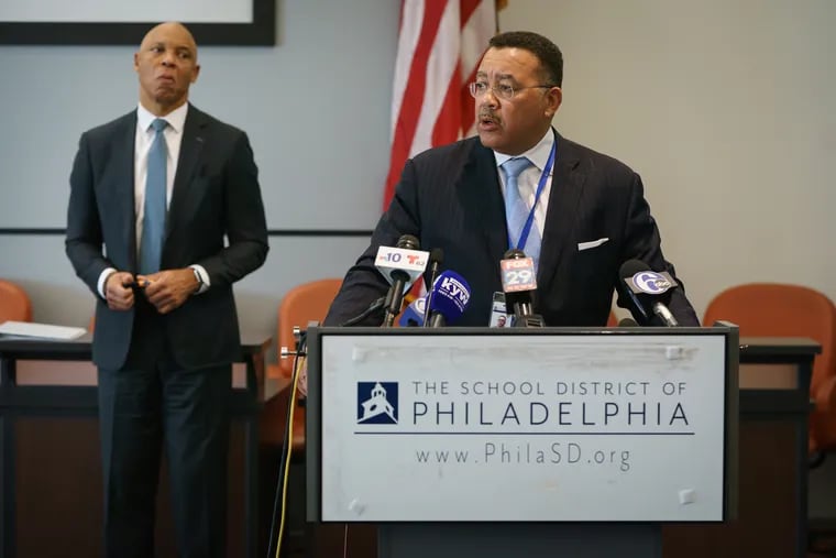 School Safety Chief Kevin Bethel talks about school safety and an increase in gun violence across the city at a press conference Thursday. Superintendent William R. Hite Jr. stands behind him.