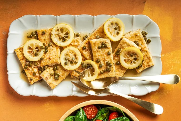 Tofu Piccata. MUST CREDIT: Rey Lopez for The Washington Post; food styling by Lisa Cherkasky for The Washington Post