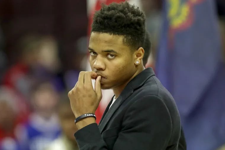 Injured Sixers guard Markelle Fultz before the Sixers played the Orlando Magic on Saturday.