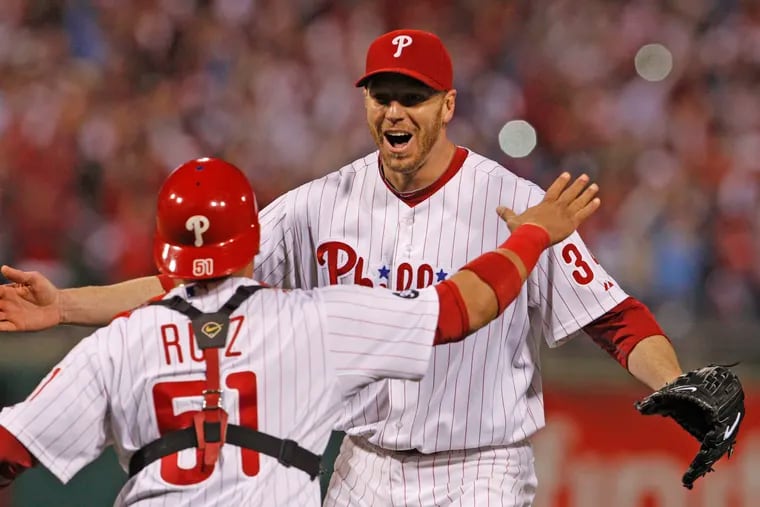 Roy Halladay and Carlos Ruiz celebrate the pitcher's no-hitter in Game 1 of the NLDS at Citizens Bank Park Oct. 6, 2010.