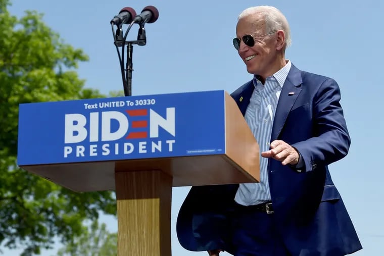 Former vice president and Democratic presidential candidate Joe Biden arrives at the podium, onstage for a rally on Eakins Oval May 18, 2019.