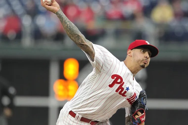 Vince Velasquez of the Phillies pitches against the Braves on May 22, 2018.