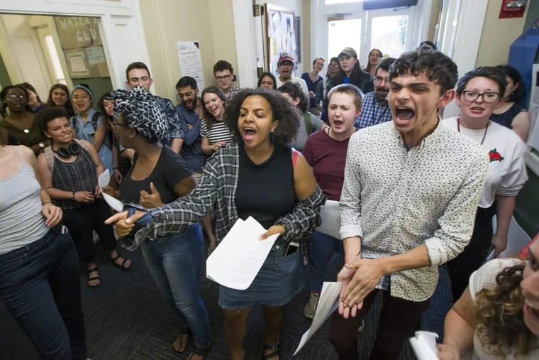 Swarthmore students staged a sit-in on the college campus Tuesday morning in support of the #MeToo movement. Barabara Tayllor, center, and Will Marchese, right, lead chants. Between 4 to 5 p.m. Tuesday, hundreds of students protested on campus outside the Deanâ€™s office in Parrish Hall saying the college has not adequately addressed the needs of #MeToo survivors on campus.