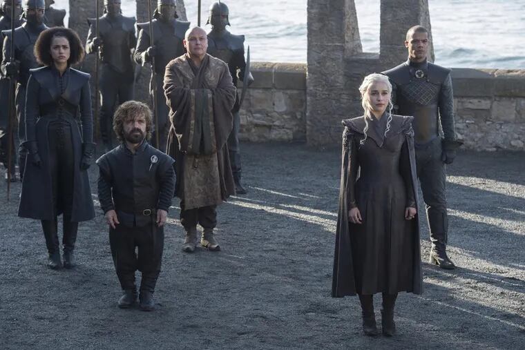 “Game of Thrones” stars (from left) Nathalie Emmanuel, Peter Dinklage, Conleth Hill, Emilia Clarke, and Jacob Anderson in Season 7 on HBO.
