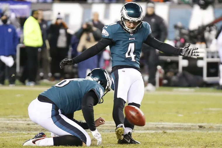 Eagles kicker Jake Elliott kicks a 53-yard late second-quarter field goal with holder Donnie Jones against the Atlanta Falcons in a NFC Divisional Playoff game on Saturday, January 13, 2018 in Philadelphia. YONG KIM / Staff Photographer