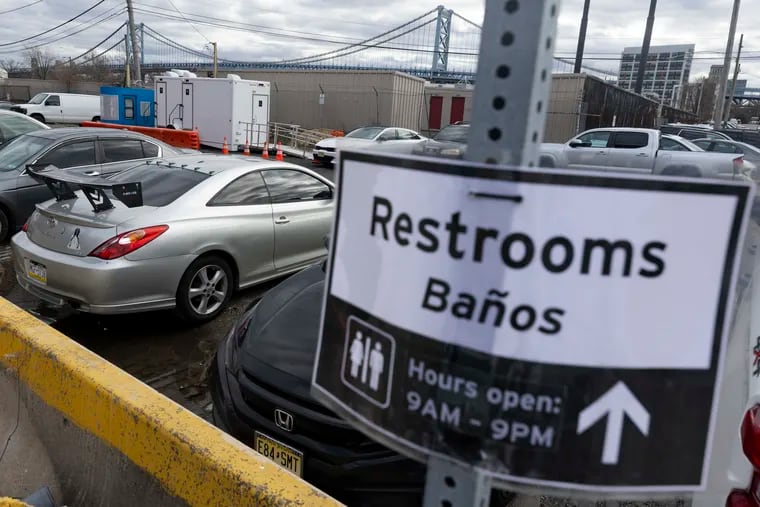Signage directs passengers to the bathrooms for the intercity bus station on Spring Garden, at Front and Noble Streets in Philadelphia, Pa. on Wednesday, Jan. 10, 2024.