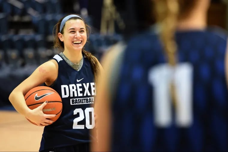 Drexel freshman point guard Hannah Nihill at practice January 23, 2018. She missed the Dragons' season opener earlier while she was giving a bone marrow transplant to her 13 year old sister.