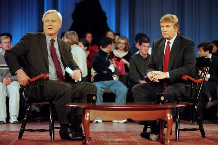 Philly-born Chris Matthews and Wharton grad Donald Trump during a taping of Matthews' "Hardball" at the University of Pennsylvania in 1999. Even then, Trump was discussing running for president.