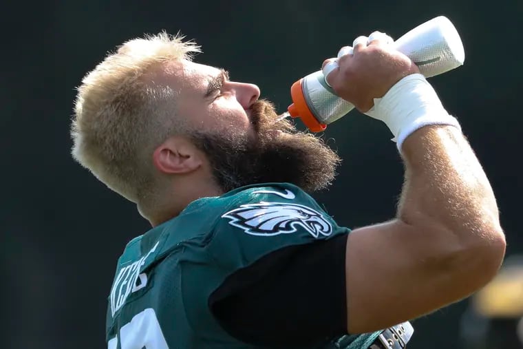 Eagles center Jason Kelce takes water during practice at the NovaCare Complex in South Philadelphia on Wednesday, Sept. 15, 2021. The Eagles will face the San Francisco 49ers at home in Philadelphia on Sunday afternoon.