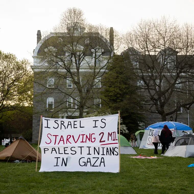 Student protestors erected approximately 20 tents on Parrish Beach by Clothier Hall at Swarthmore College in Swarthmore, Pa. on Tuesday, April 23, 2024.