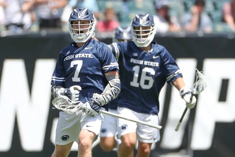 Penn State attacker TJ Malone celebrates his goal in the first quarter of a men's NCAA lacrosse D-1 semifinals matchup against Duke at Lincoln Financial Field on May 27.