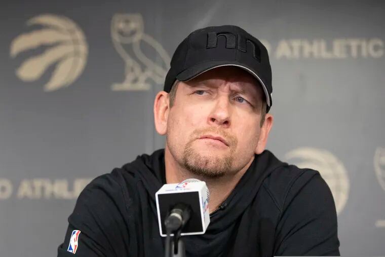 Toronto Raptors head coach Nick Nurse takes questions from the media in Toronto on Sunday, June 16, 2019. The Raptors defeated the Golden State Warriors in Game 6 of basketball's NBA Finals. (Chris Young/The Canadian Press via AP)