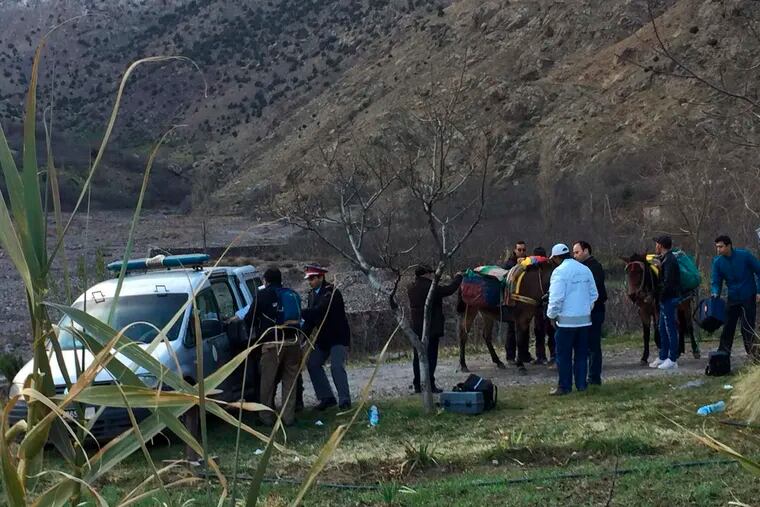 In this photo provided by Moroccan news channel 2M and taken on Tuesday, Dec. 18, 2018, a security team is seen at the area where the bodies of two Scandinavian women tourists were found dead, near Imlil in the High Atlas mountains, Morocco. The lone suspect arrested in the killing of two female Scandinavian tourists is connected to a terrorist group, and three other suspects are on the run, Moroccan prosecutors said Wednesday.
(2M via AP)