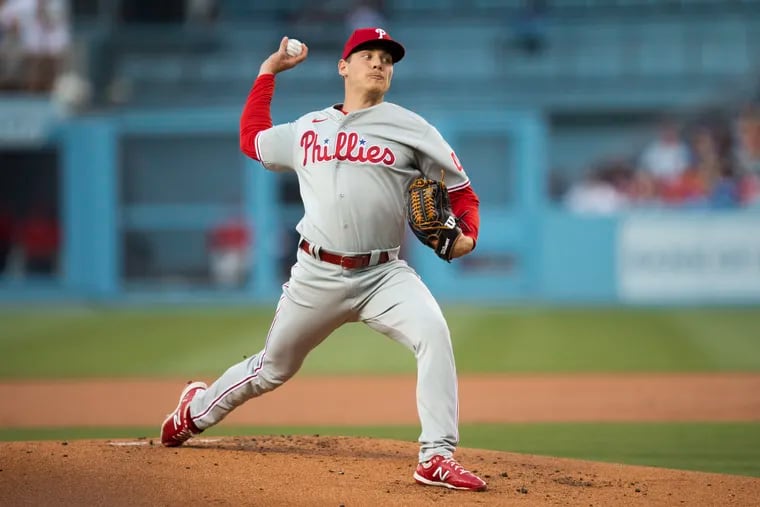 Phillies starter Spencer Howard delivers during the first inning  against the Los Angeles Dodgers.