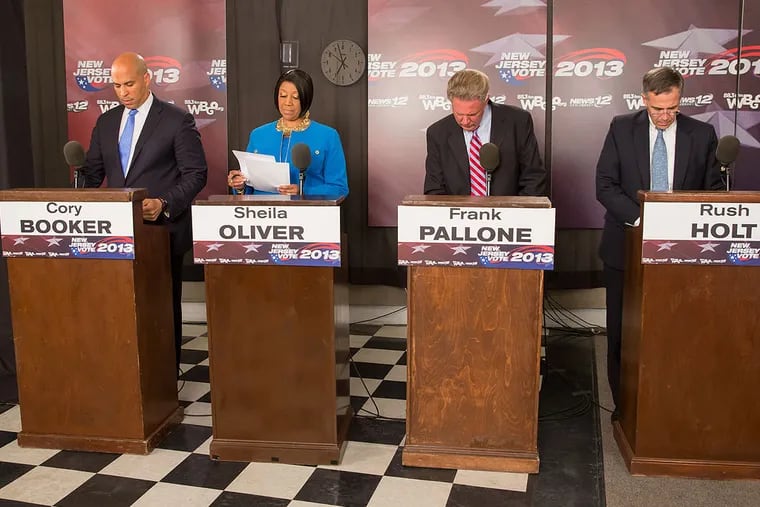 From left, Newark Mayor Cory Booker, Assembly Speaker Sheila Oliver, U.S. Rep. Frank Pallone, and U.S. Rep. Rush Holt, wait to begin the Democratic debate at WBGO studio in Newark on Thursday. (Frank H. Conlon / for the Star-Ledger)