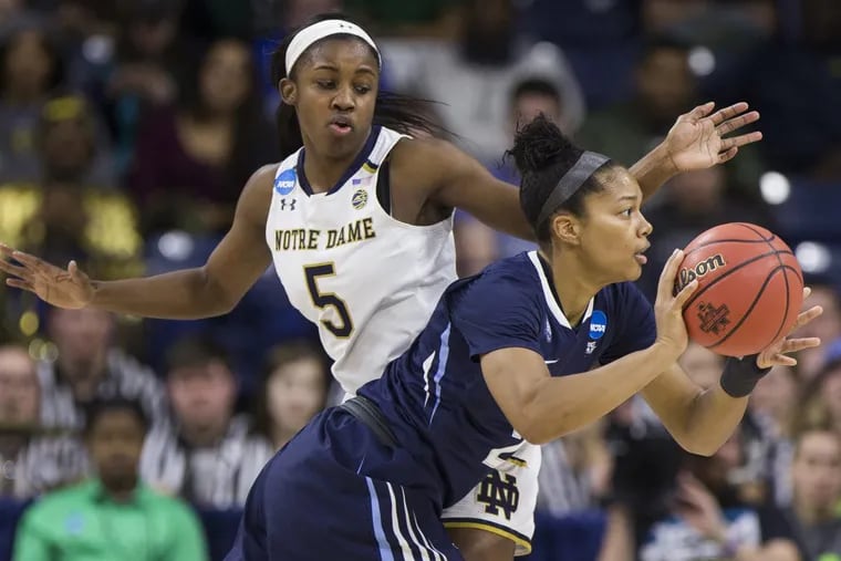 Villanova’s Jannah Tucker, front, passes the ball around Notre Dame’s Jackie Young (5) during a second-round game in the NCAA women’s college basketball tournament Sunday, March 18, 2018, in South Bend, Ind. Notre Dame won 98-72.