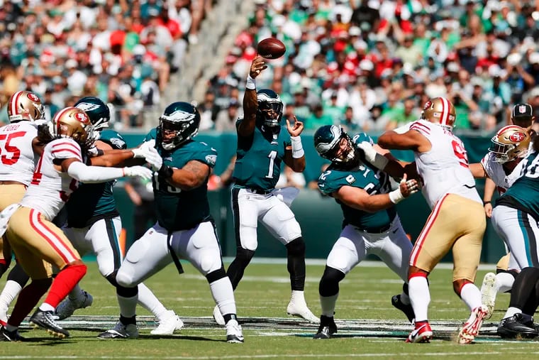 Eagles quarterback Jalen Hurts throws the football in the first quarter against the San Francisco 49ers on Sunday, September 19, 2021 in Philadelphia.