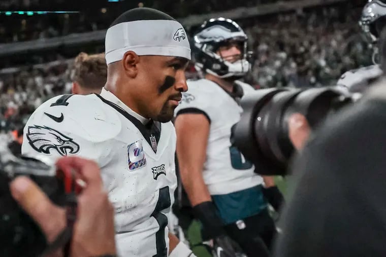 Eagles quarterback Jalen Hurts walks off after a loss to the New York Jets earlier this season.