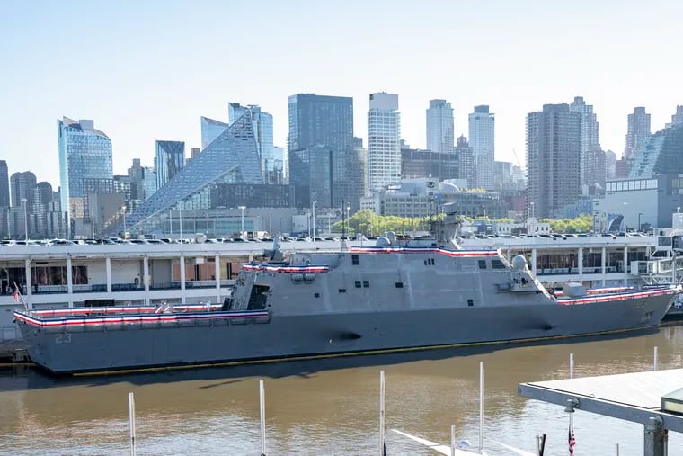 This photo provided by the U.S. Navy shows the Freedom-variant littoral combat ship USS Cooperstown (LCS 23) prior to the ship’s commissioning ceremony, Saturday, May 6, 2023, in New York.