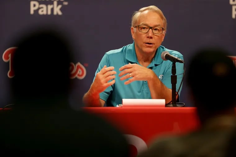 Andy MacPhail, Phillies President, talks about the season during a news conference at Citizens Bank Park on Tuesday.