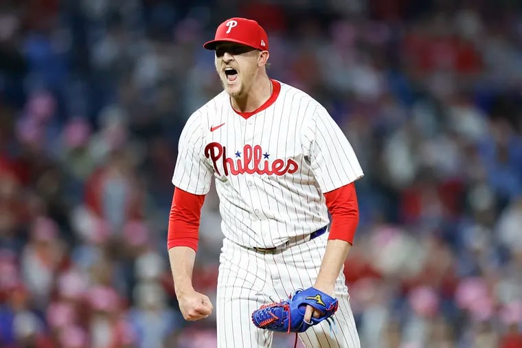 Phillies pitcher Jeff Hoffman yells after striking out Giants Mike Yastrzemski to finish the eighth inning.