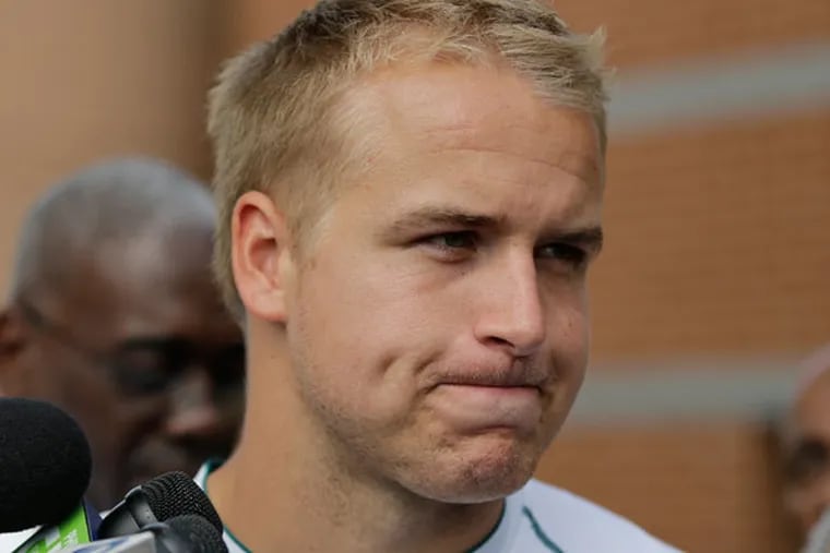 Matt Barkley speaks to the media during an availability after Rookie Camp at the team's NFL football practice facility, Friday, May 10, 2013, in Philadelphia. (Matt Slocum/AP)