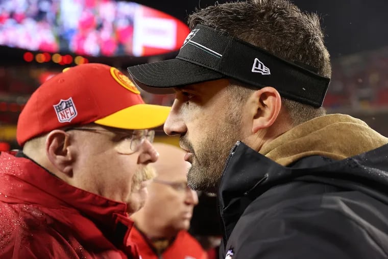 Kansas City Chiefs head coach Andy Reid (left) and Philadelphia Eagles head coach Nick Sirianni (right) embrace after the Eagles beat the Chiefs, 21-17, in November.
