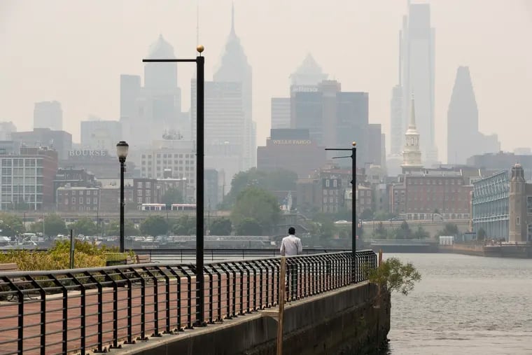 Canadian wildfire smoke obscures the Philadelphia skyline as seen from Camden on June 7.