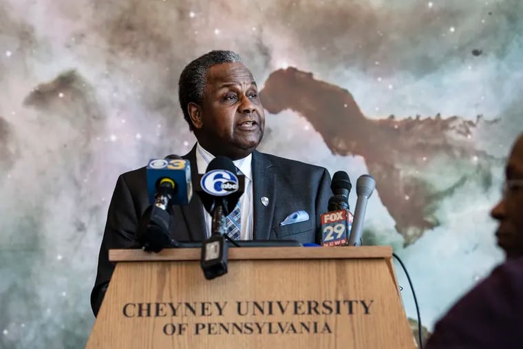 Aaron A. Walton, Cheyney's president, announces fundraising campaign and continued partnerships to ensure the school's financial future, during a news conference at the school Tuesday.