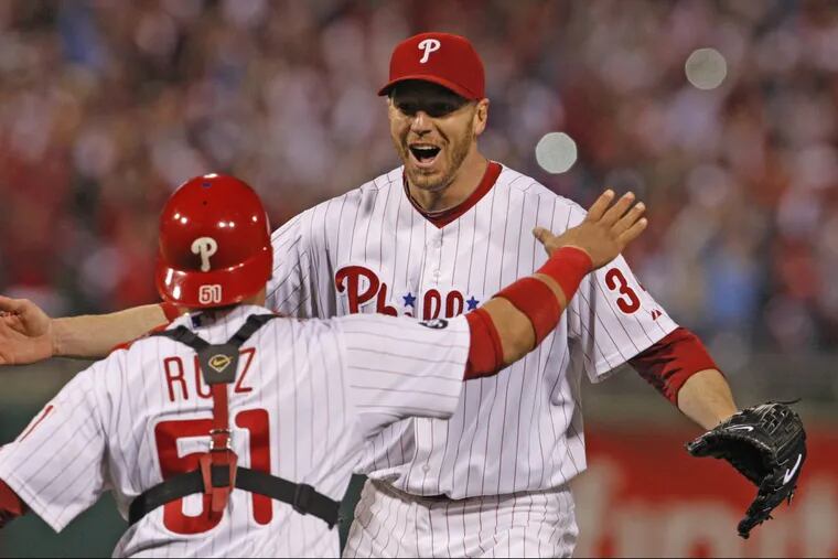 Roy Halladay and Carlos Ruiz celebrate the no-hitter in Game One of the NLDS at Citizens Bank Park Oct. 6, 2010. ( Ron Cortes / Staff Photographer ) NLDS Game 1 – Cincinnati Reds at Philadelphia Phillies