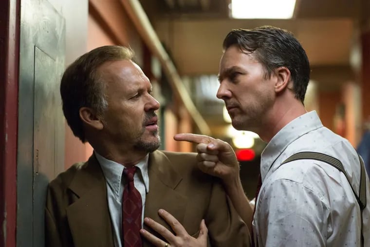 Michael Keaton (left), Edward Norton in “Birdman.” He plays a theater monster, a nightmare to all except the audiences. (Fox Searchlight)